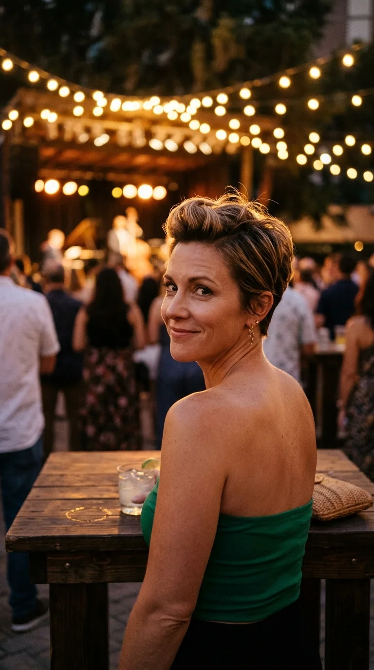 Over the shoulder view of a tousled layered crop with a soft quiff