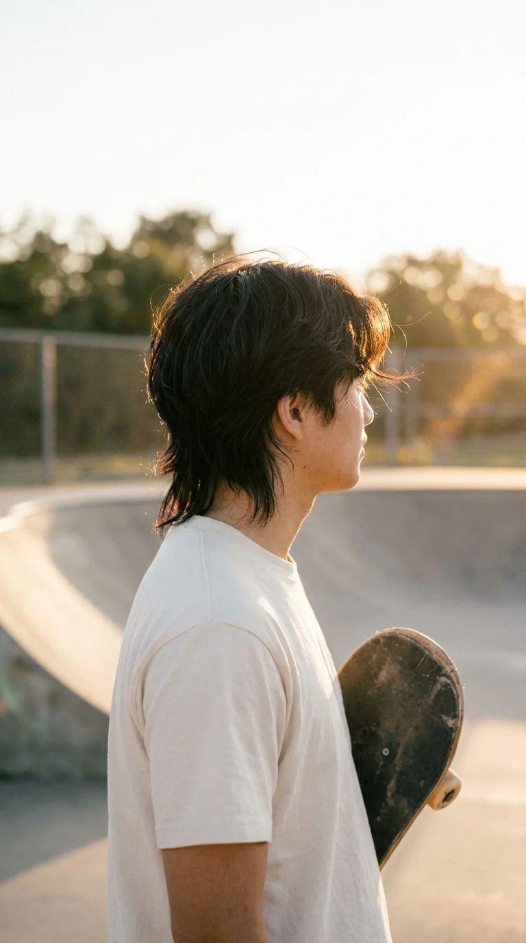 Side profile of a man with tousled surfer waves at medium length