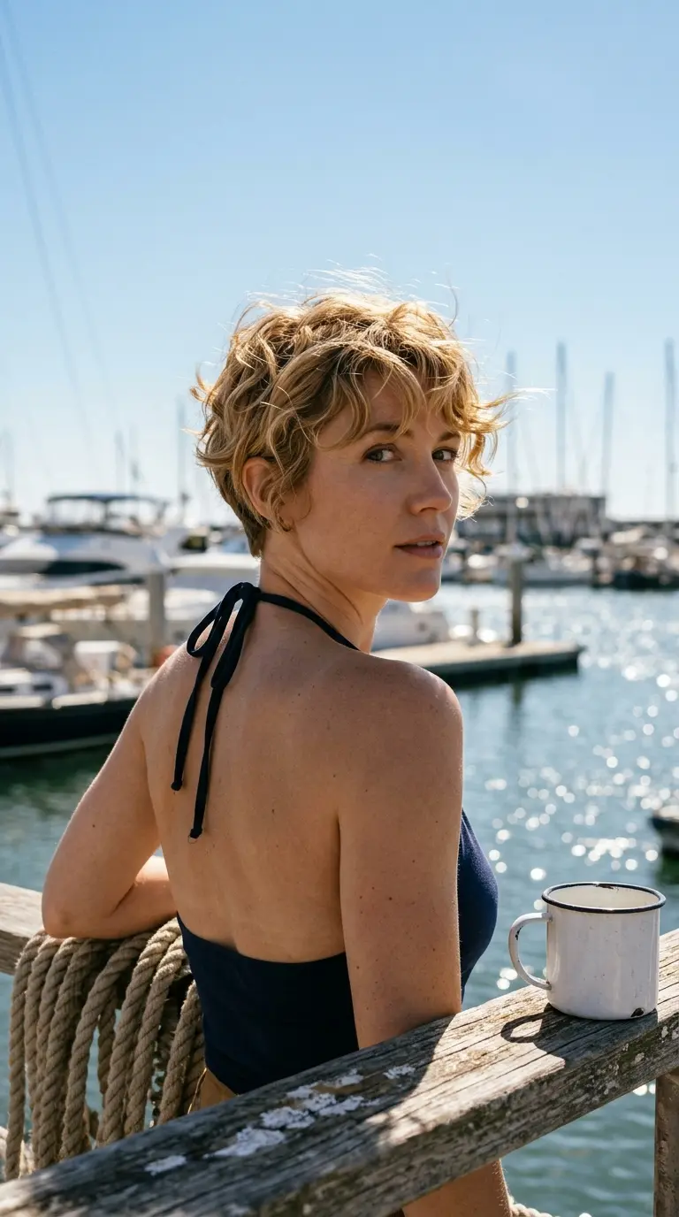 Over the shoulder view of a golden blonde tousled wavy pixie at a sunny harbor