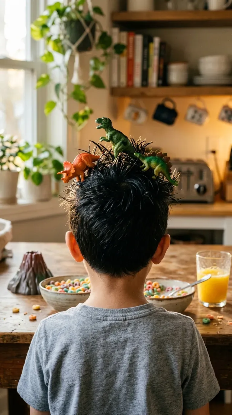 Small plastic dinosaurs tucked into spiky short hair on a young boy