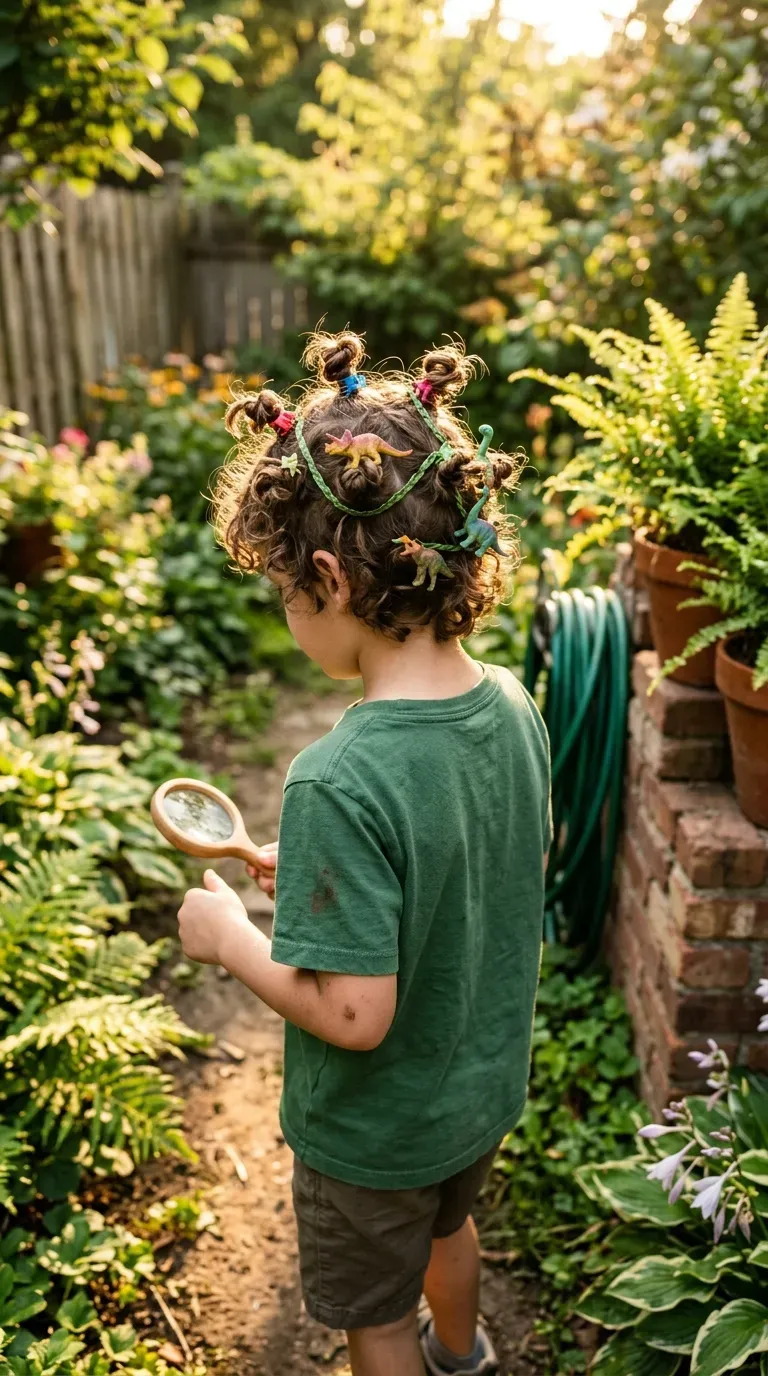 Boy with twisted curly hair holding small plastic dinosaurs clipped in a backyard