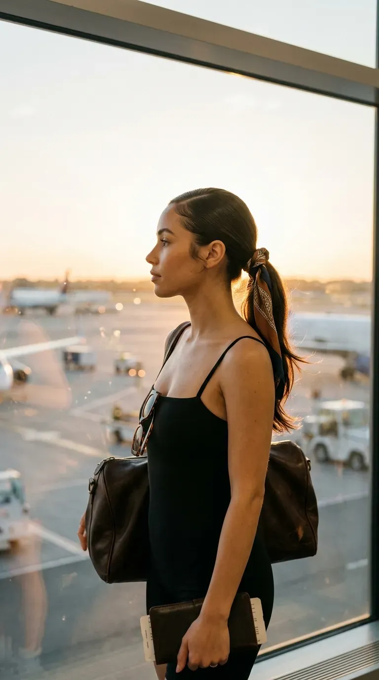 Travel day hairstyle in side profile, a slick low ponytail wrapped in a silk scarf