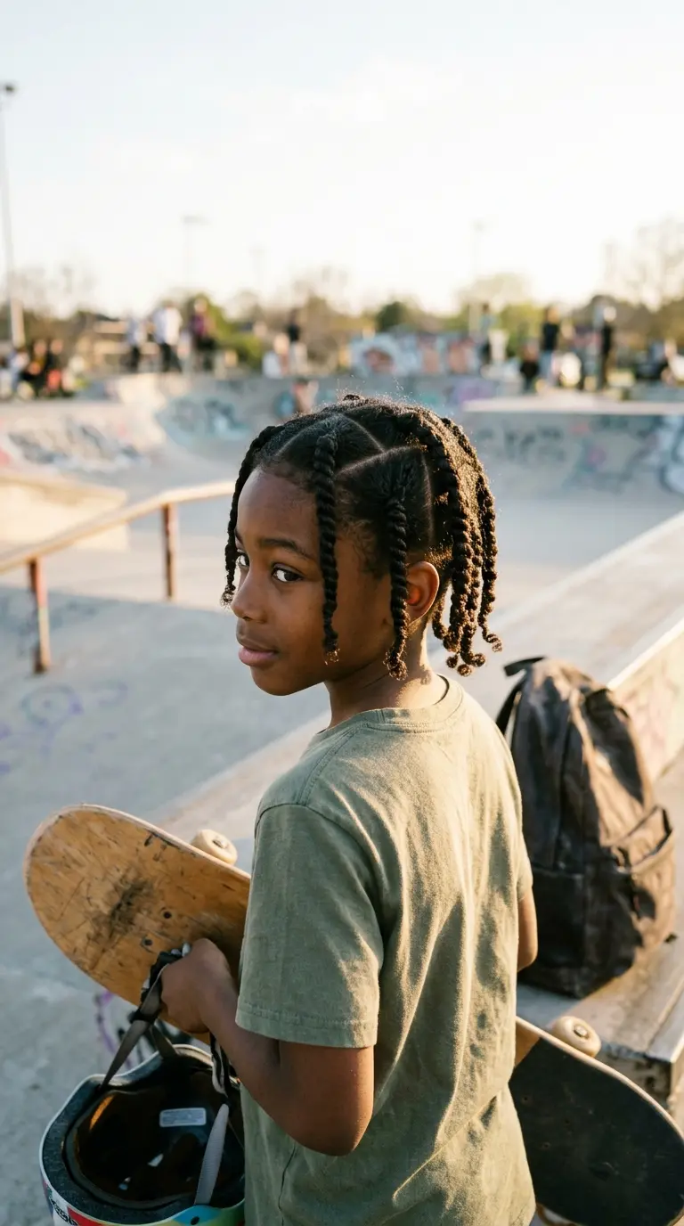 Over the shoulder view of a boy with triangle part two strand twists at a skate park