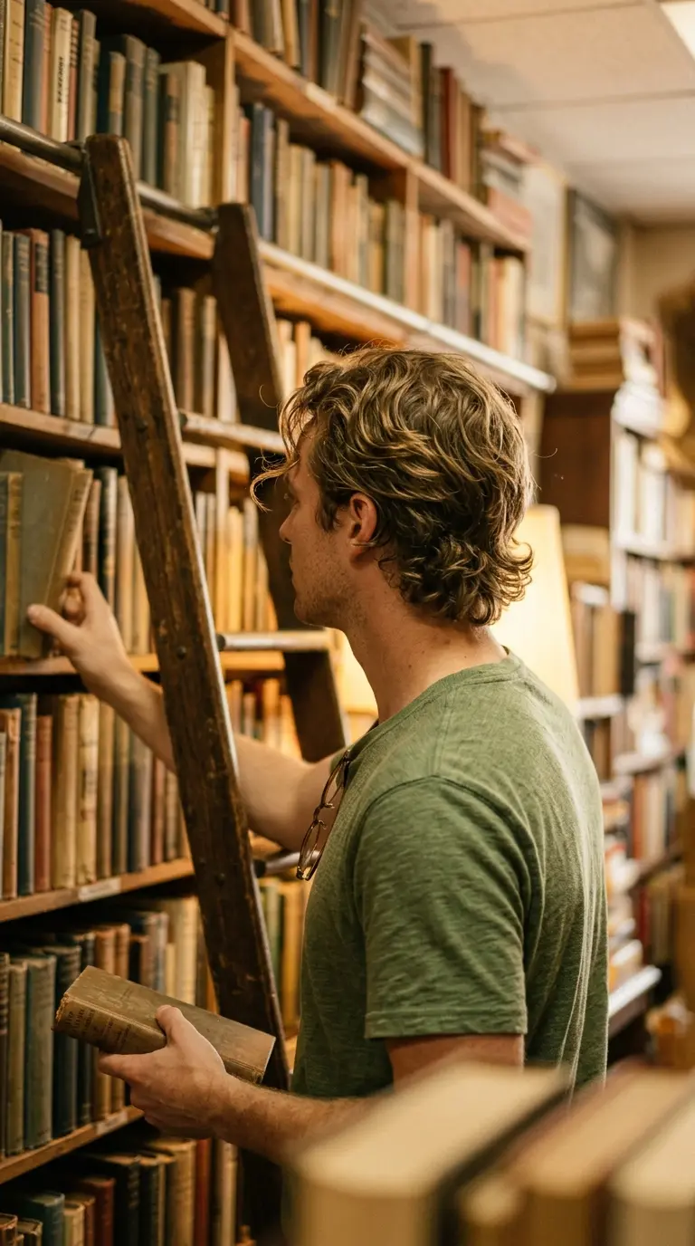 Three quarter back view of medium waves tucked behind the ears in a bookstore
