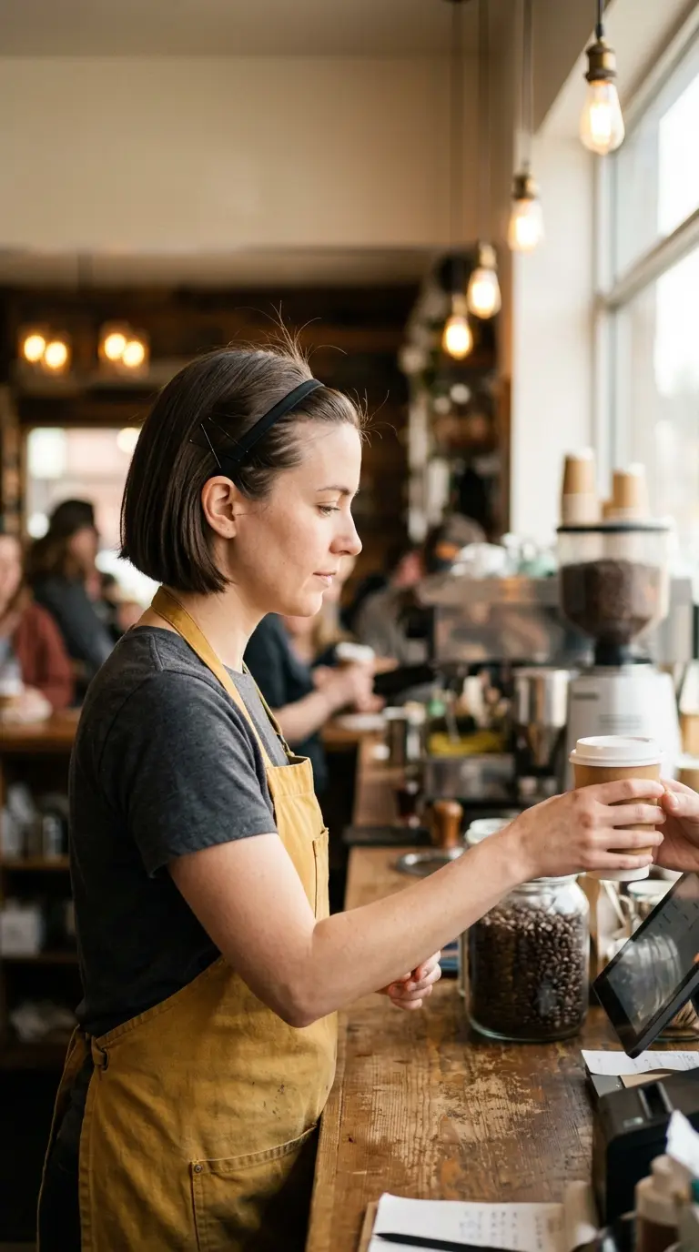 Three quarter front side view of a barista with a chin length bob pinned back under a thin headband