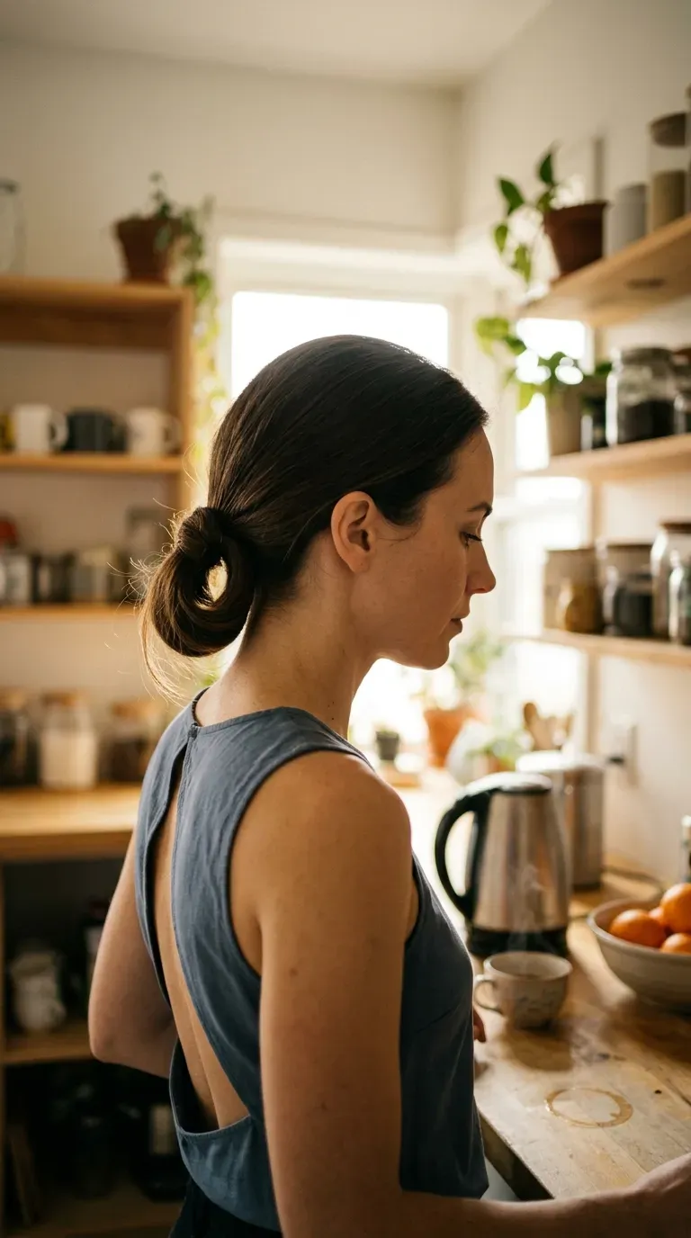 Side profile of a tucked ponytail loop in an office kitchenette