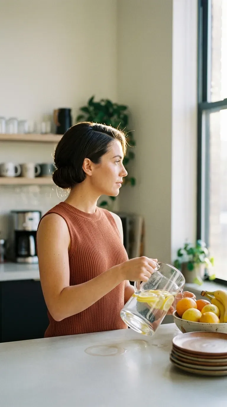 Three quarter view of a tucked under faux bob in an office kitchen