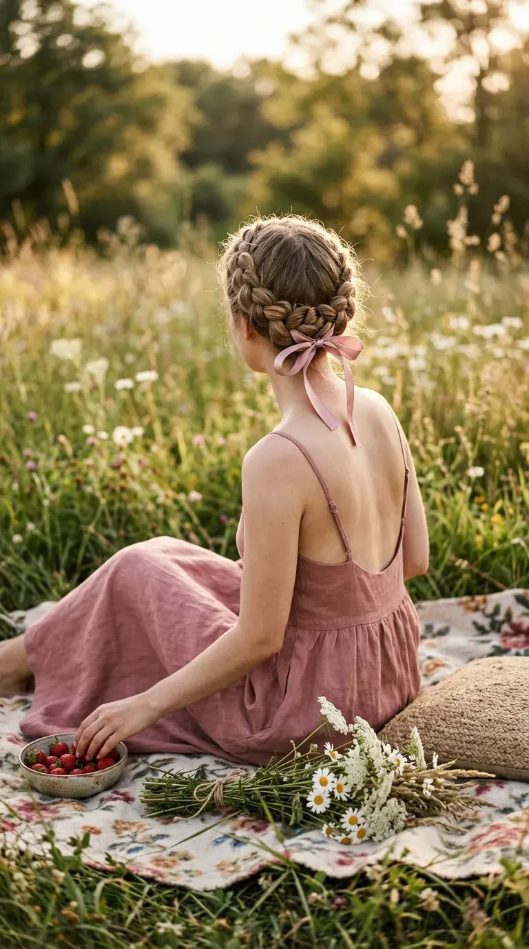 Back view of twin crown braids meeting at the back at an evening courtyard reception