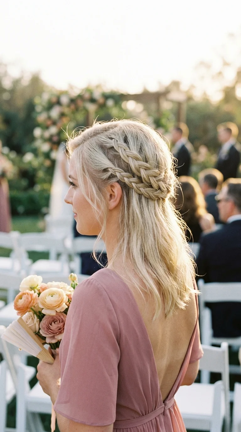 Three quarter back view of pale blonde twin braids pinned across the crown