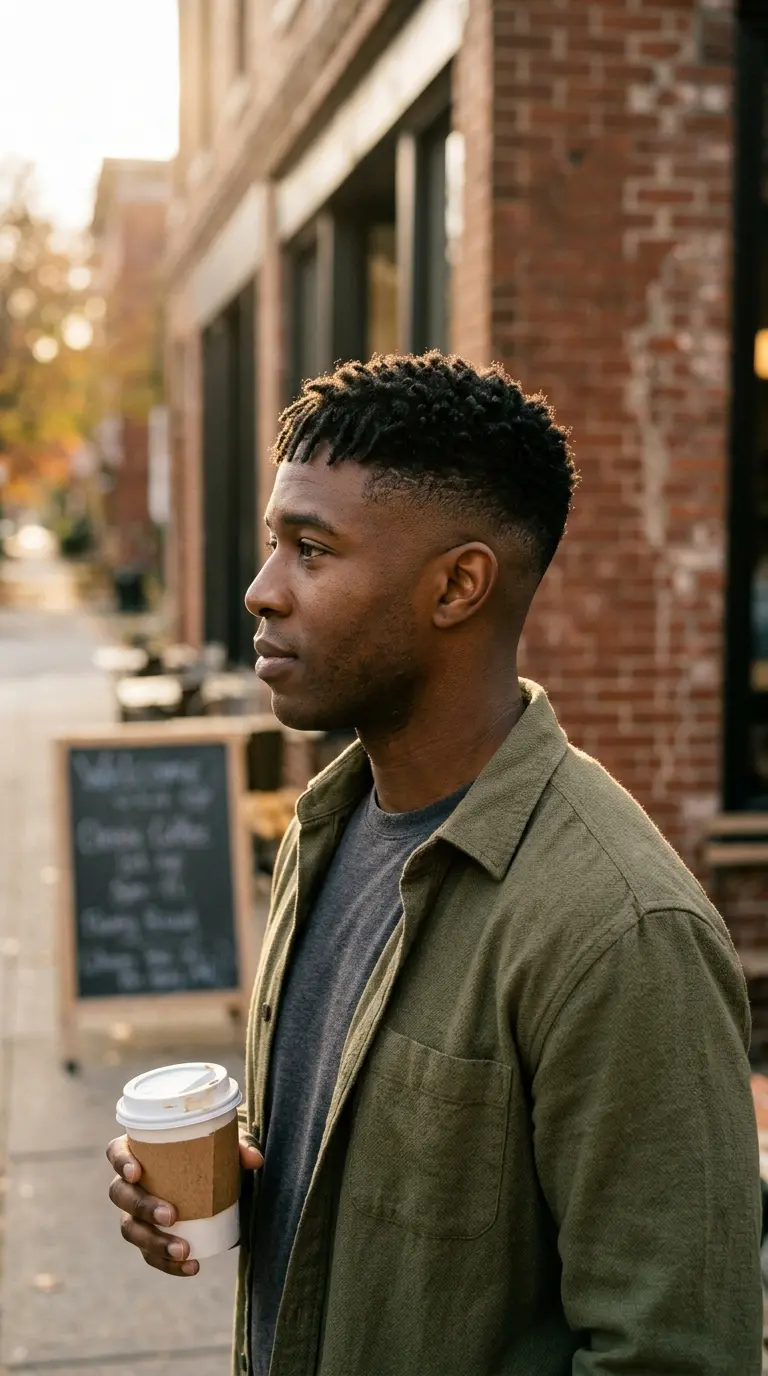 Over the shoulder view of a Black man with a twist mohawk and a burst fade