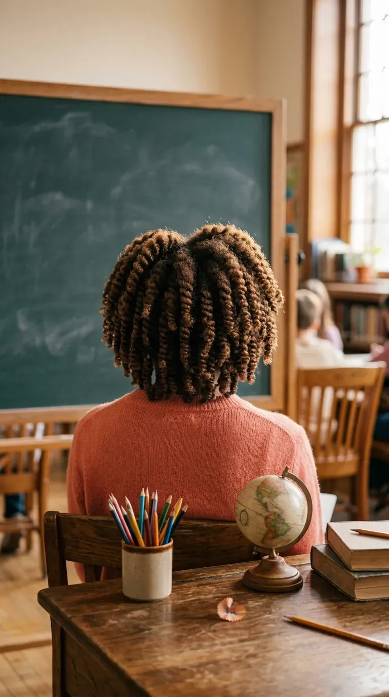 Fluffy defined twist out on natural hair in a bright classroom