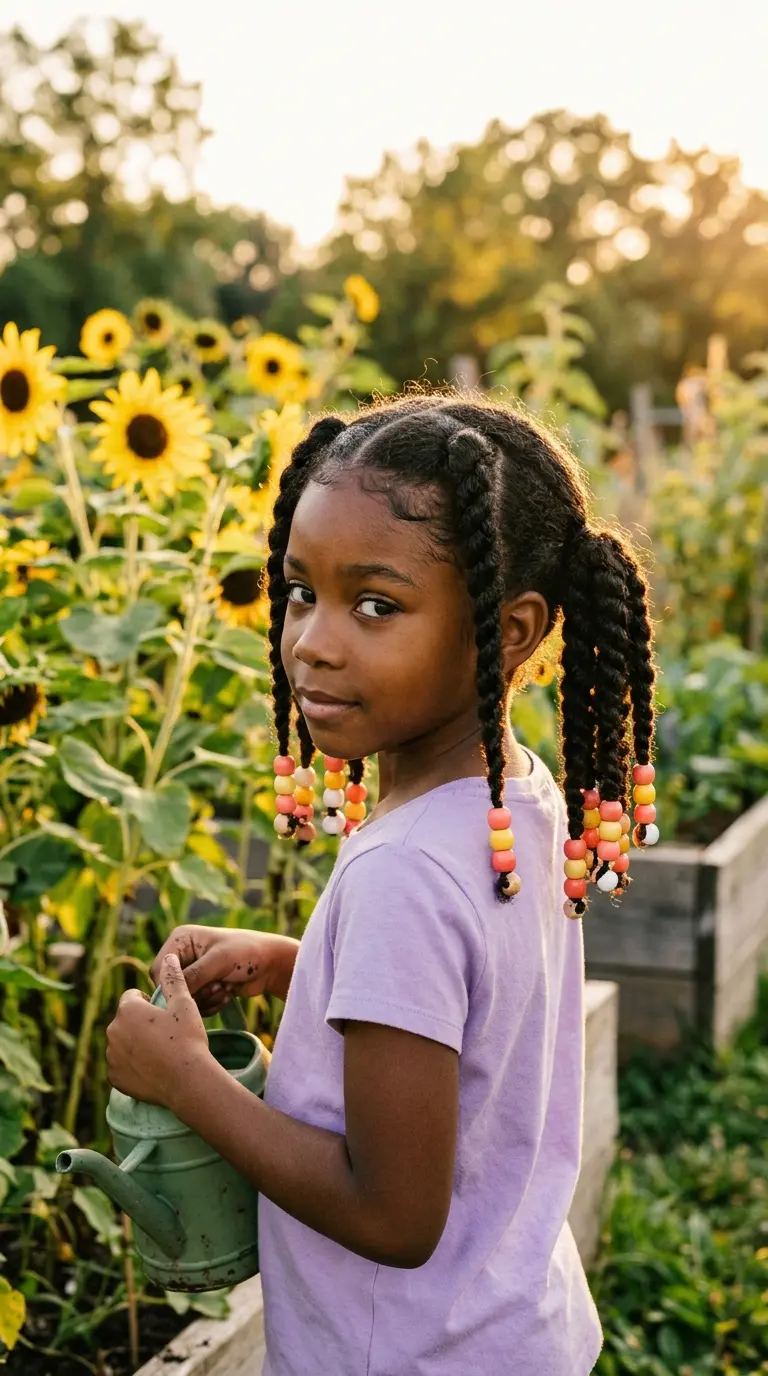 Over the shoulder view of a Black girl with two strand twist pigtails finished with colorful beads