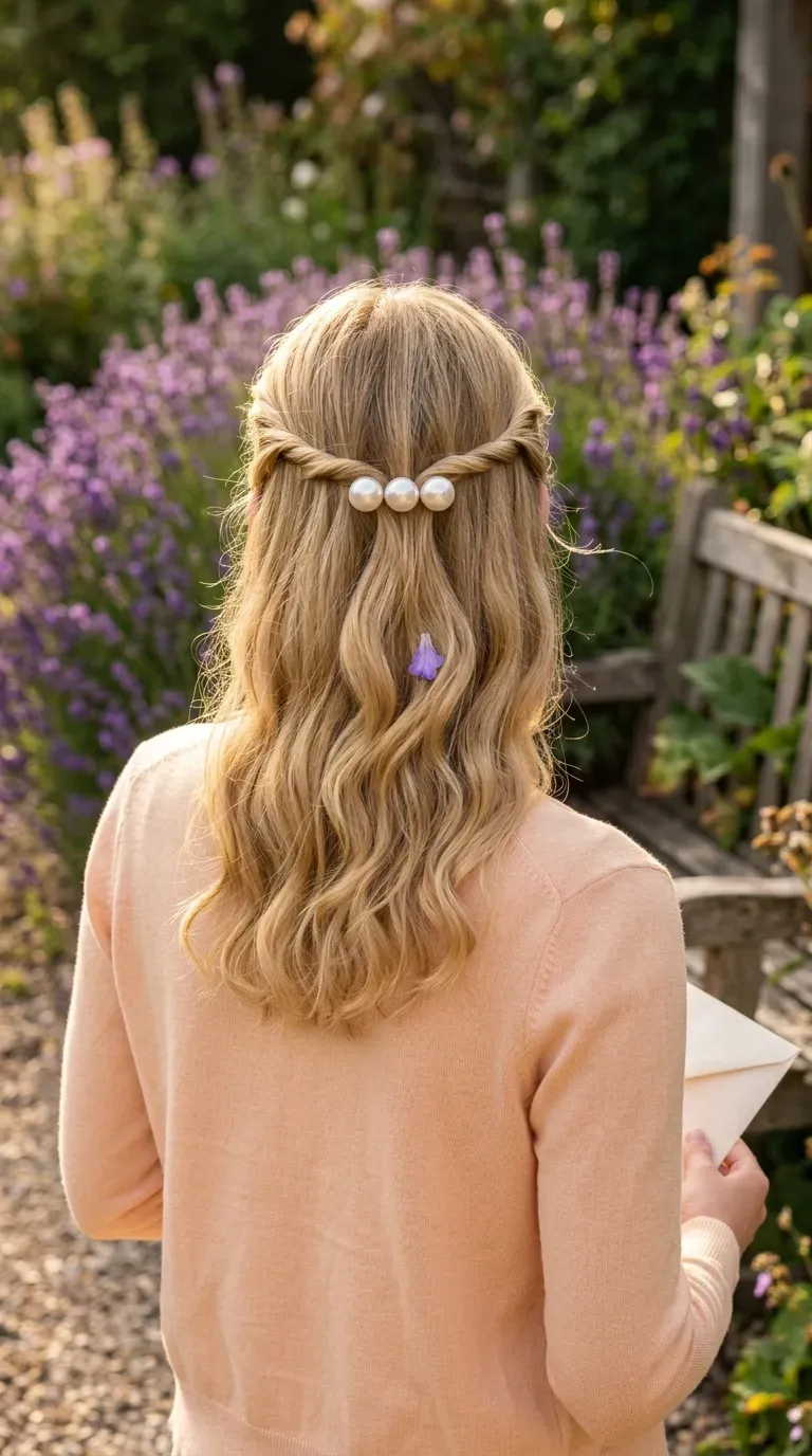 Twisted crown hairstyle pinned with a short row of pearl clips