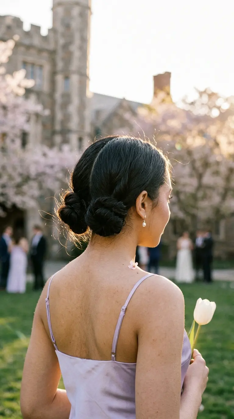 Back view of two small twisted buns sitting side by side at the nape