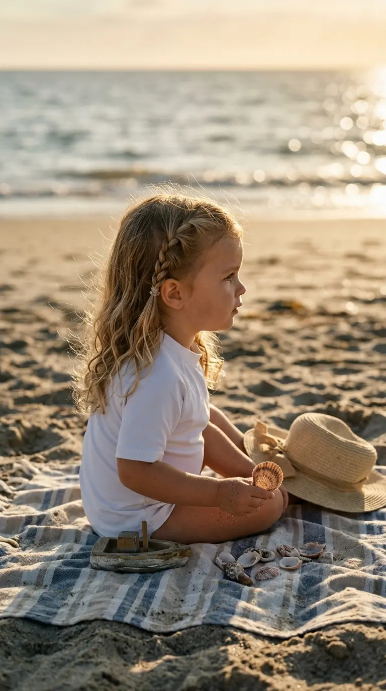 Three quarter front view of a toddler with a twisted front section at the beach