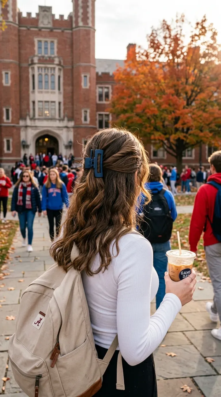 Twisted half up style held with a matte team color claw clip