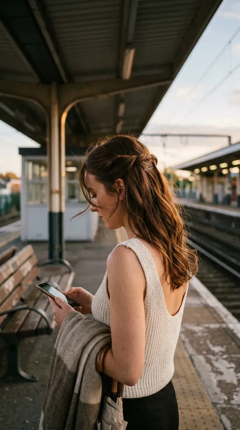 Side profile of a twisted half up hairstyle held with two pins on a train platform