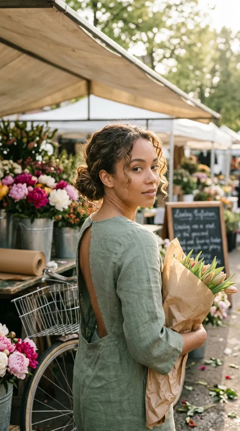 Over the shoulder view of a twisted low bun with curled tendrils