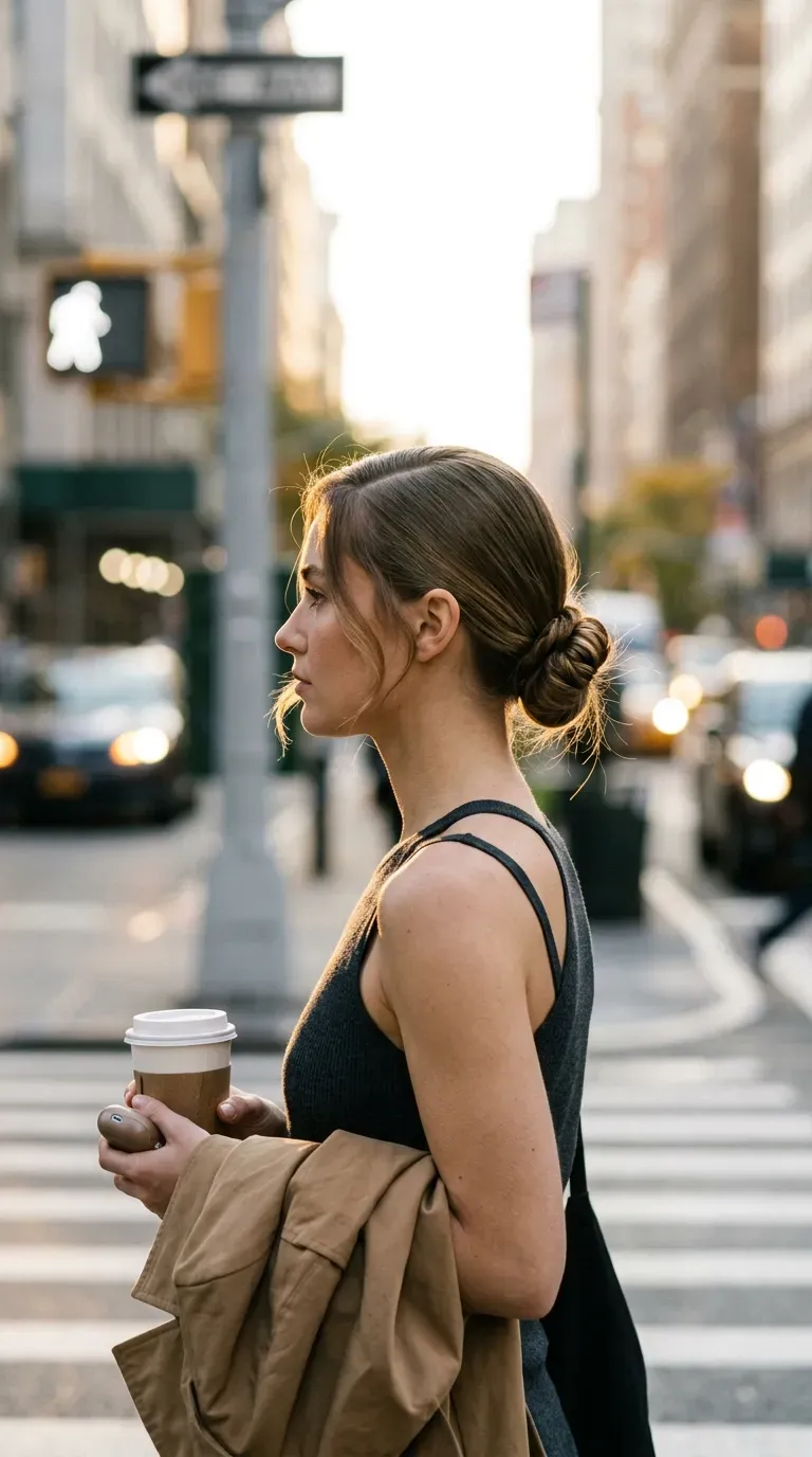 Side profile of a tight twisted low bun at the nape on a city crosswalk