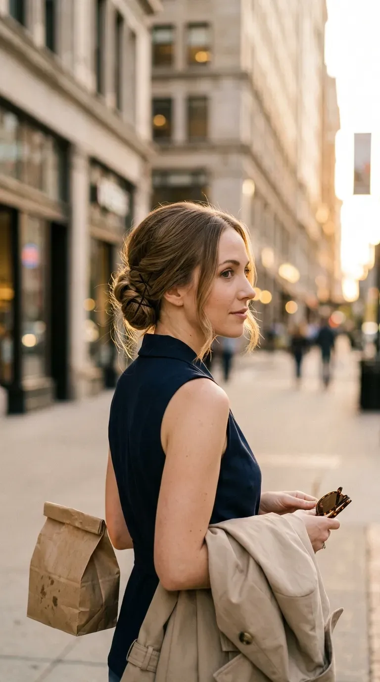 Over the shoulder view of a twisted low chignon on a downtown sidewalk