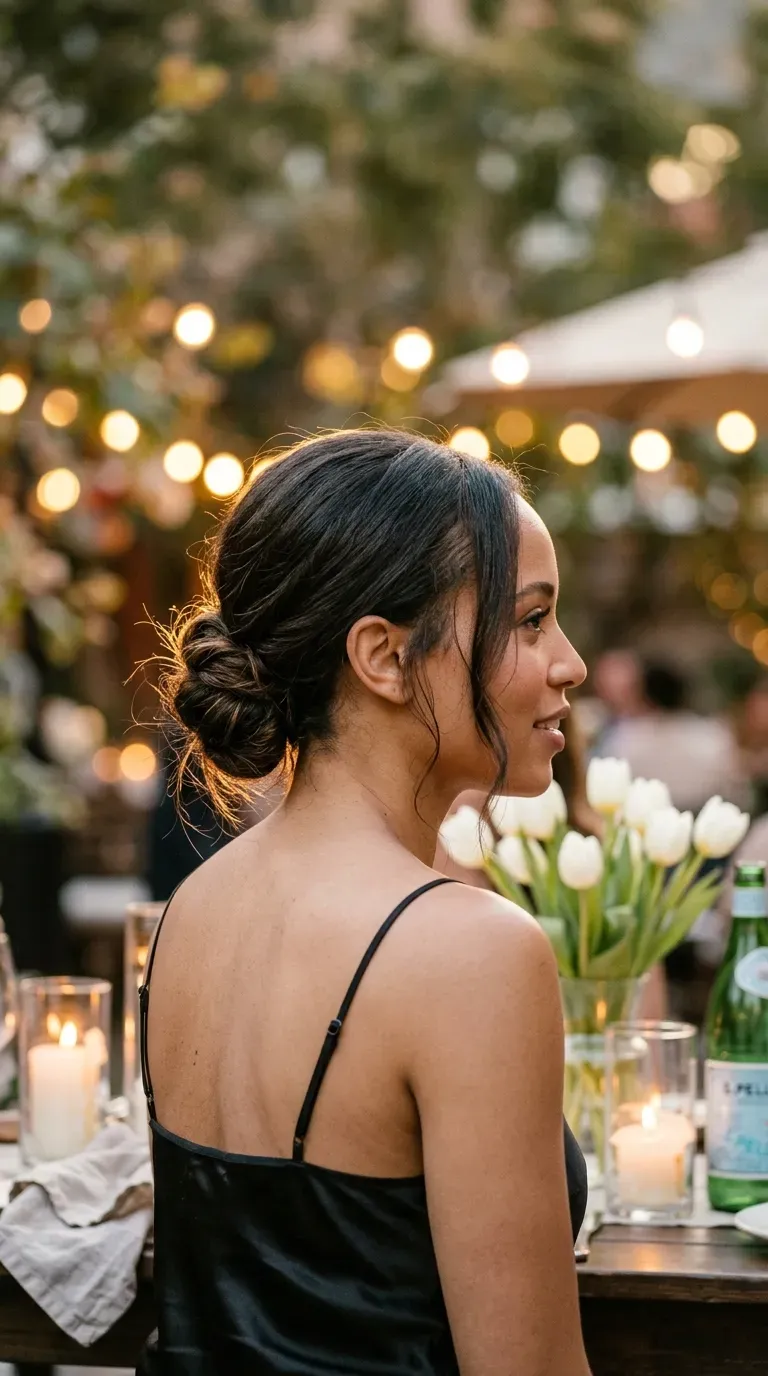 Three quarter view of a twisted low chignon with the elastic hidden