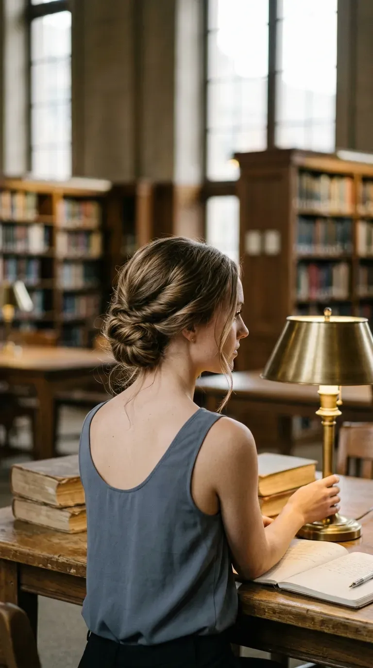 Over the shoulder view of a twisted low chignon in a library