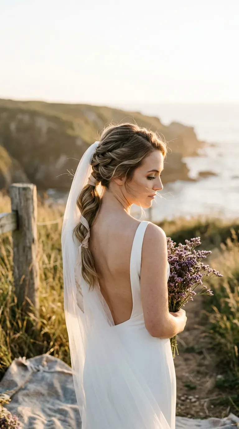 Over the shoulder view of a twisted low ponytail with ribbon and long veil