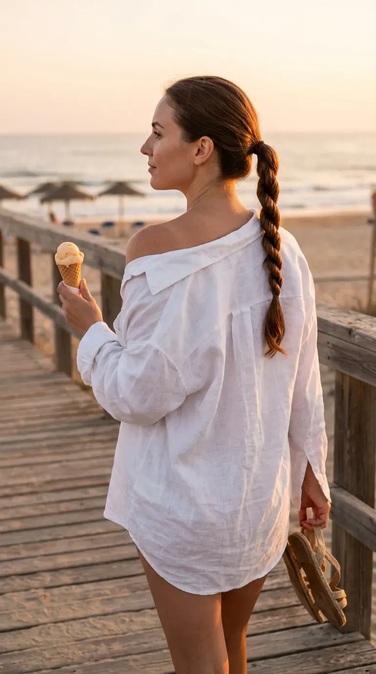 Three quarter back view of a twisted rope ponytail on a beach boardwalk at sunset