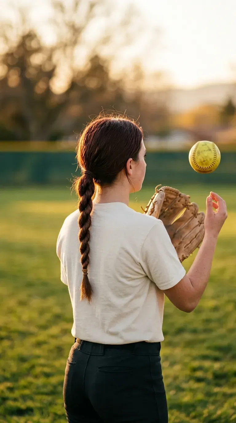 Low twisted rope ponytail on a softball player tossing a ball in the outfield