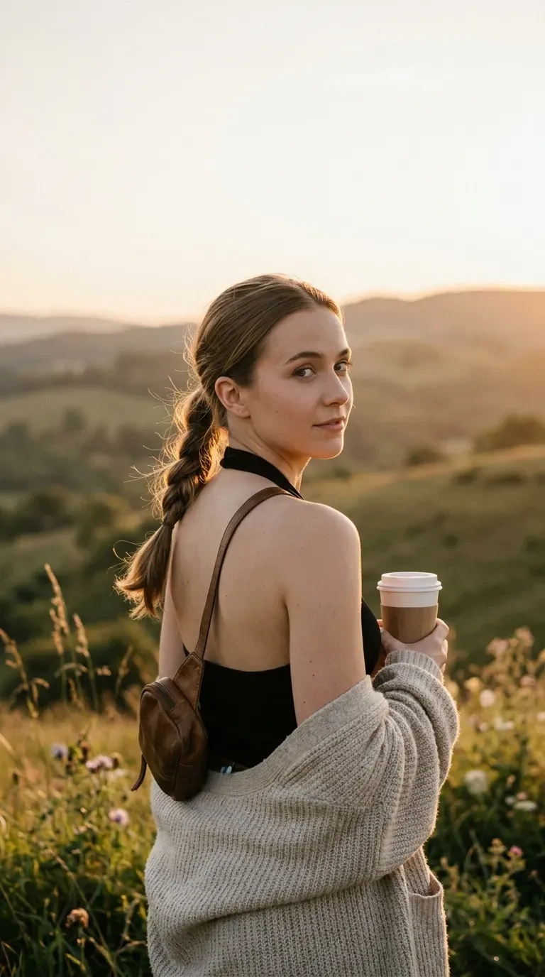 Over the shoulder view of a twisted side ponytail resting on one shoulder