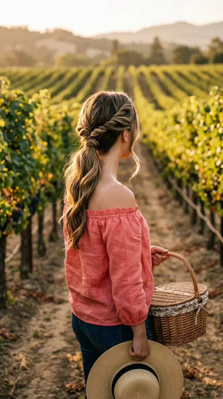 Dark blonde hair twisted along the hairline into a low side ponytail in vineyard