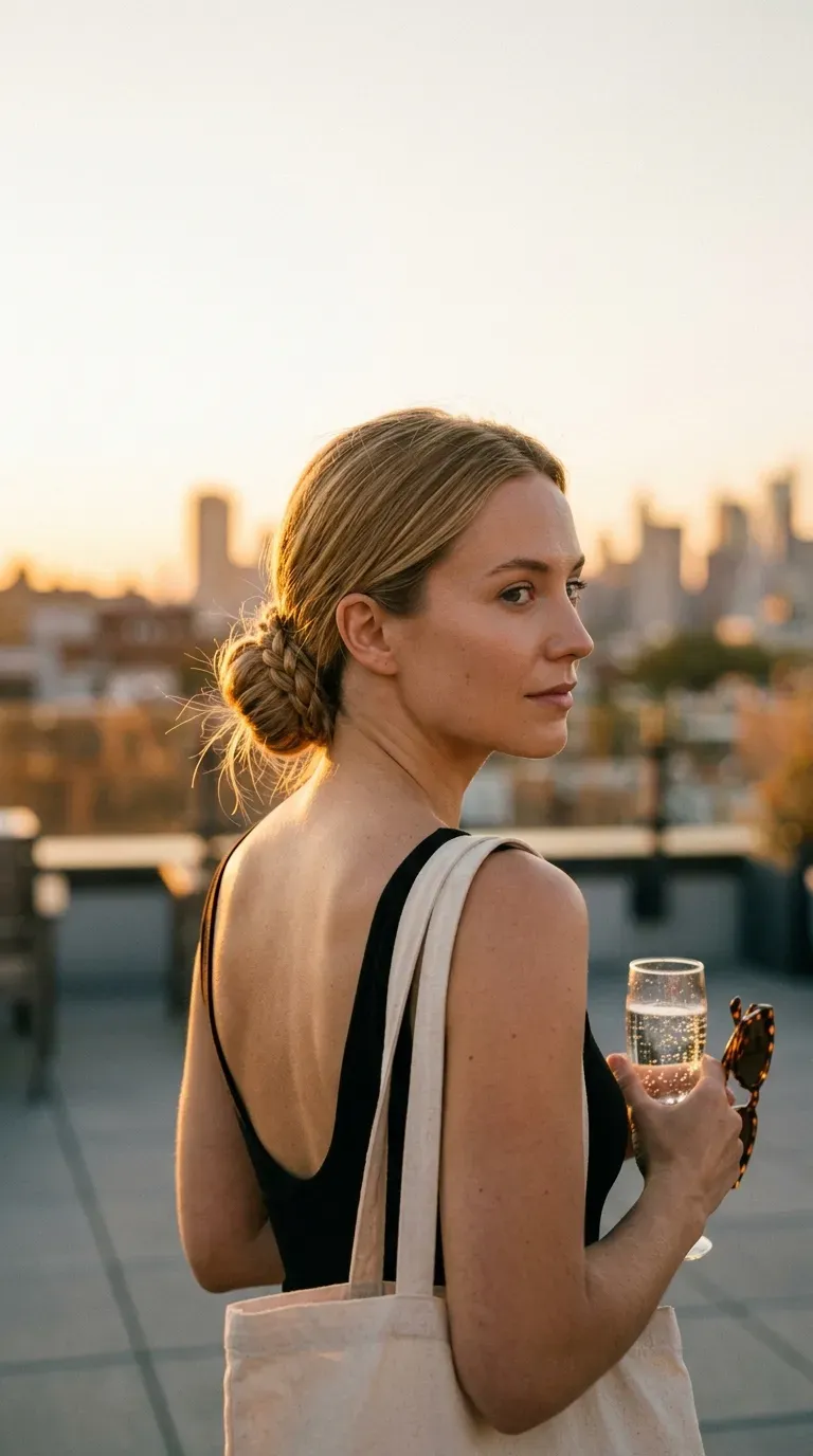 Side profile of a twisted low bun pinned at the nape on a train platform