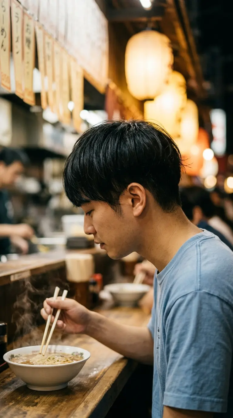 Side profile of a man with a Korean two block cut and a soft fringe