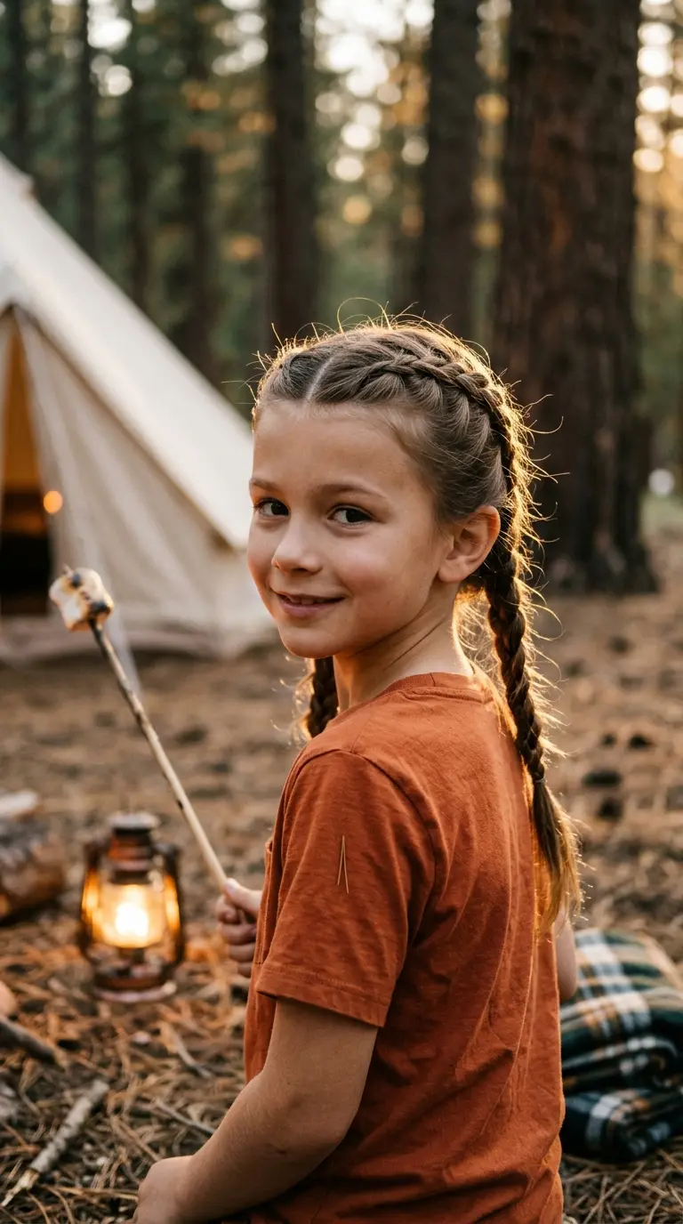 Over the shoulder view of a boy wearing two boxer braids at a campsite