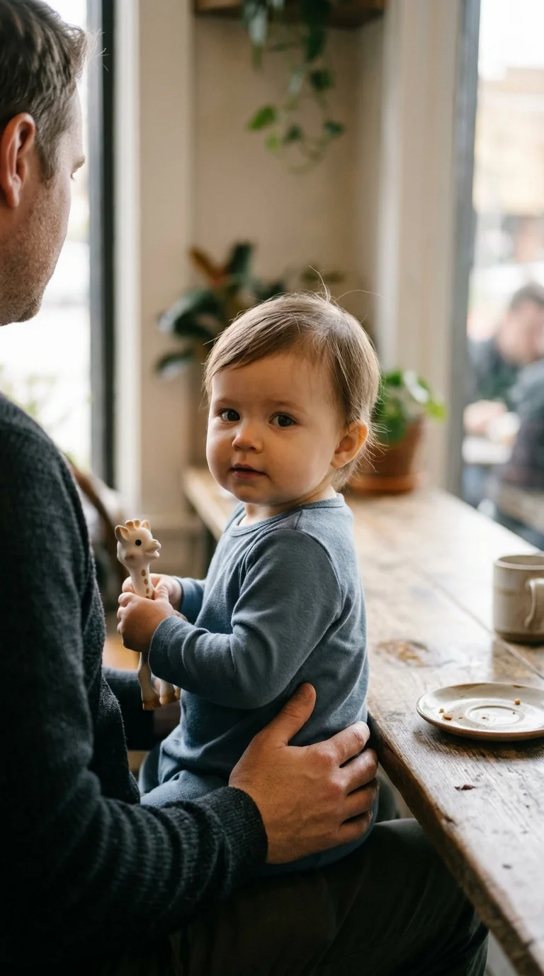 Three quarter back view of a baby girl with two bunny ear sprouts at a birthday