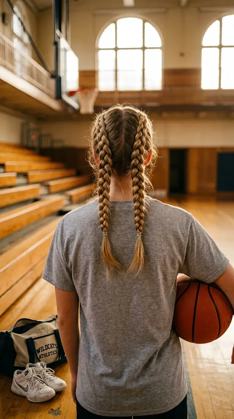 Two neat Dutch braids on a girl standing in a school gym