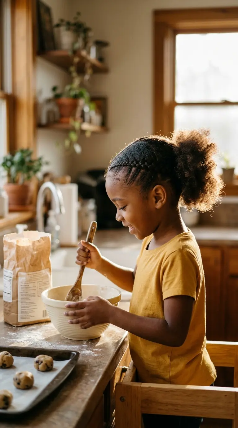 Side profile of a girl with two feed in cornrows ending in curly puffs