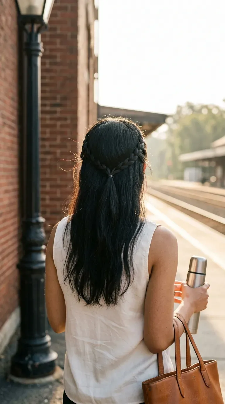 Back view of black hair with two French braids meeting at the back