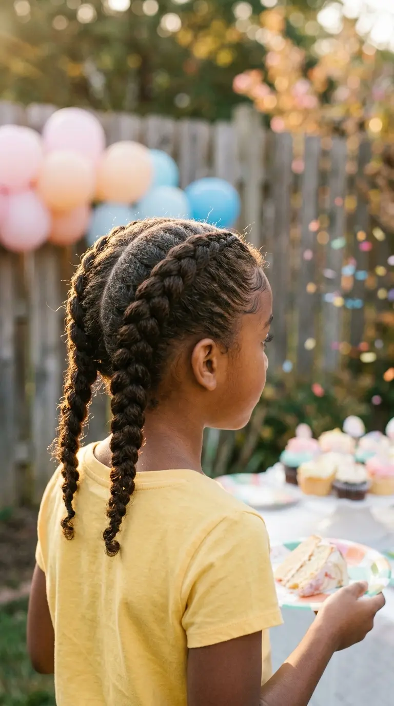 Over the shoulder view of a girl with two French braids at an outdoor swimming pool