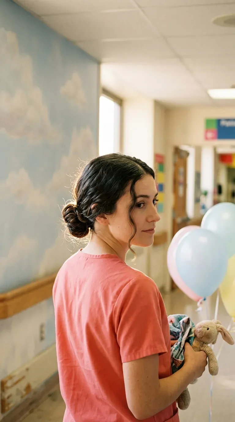 Over the shoulder view of two low buns in a pediatric ward hallway