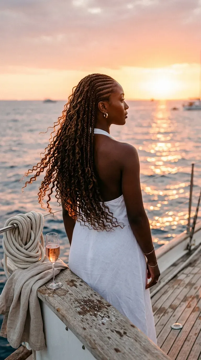 Two low goddess braid buns at the nape with curls at a wedding reception