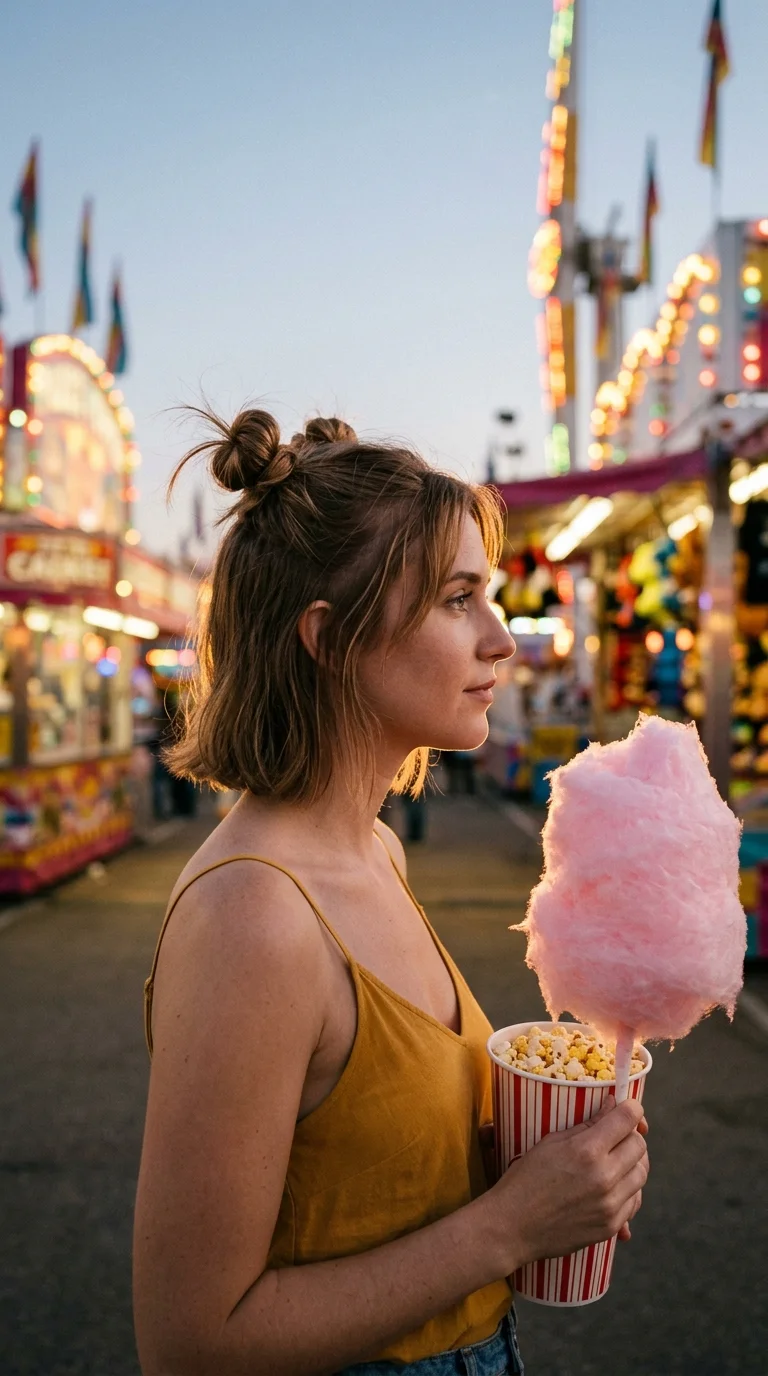 Side profile of light brown bob with two small half up buns at a fair