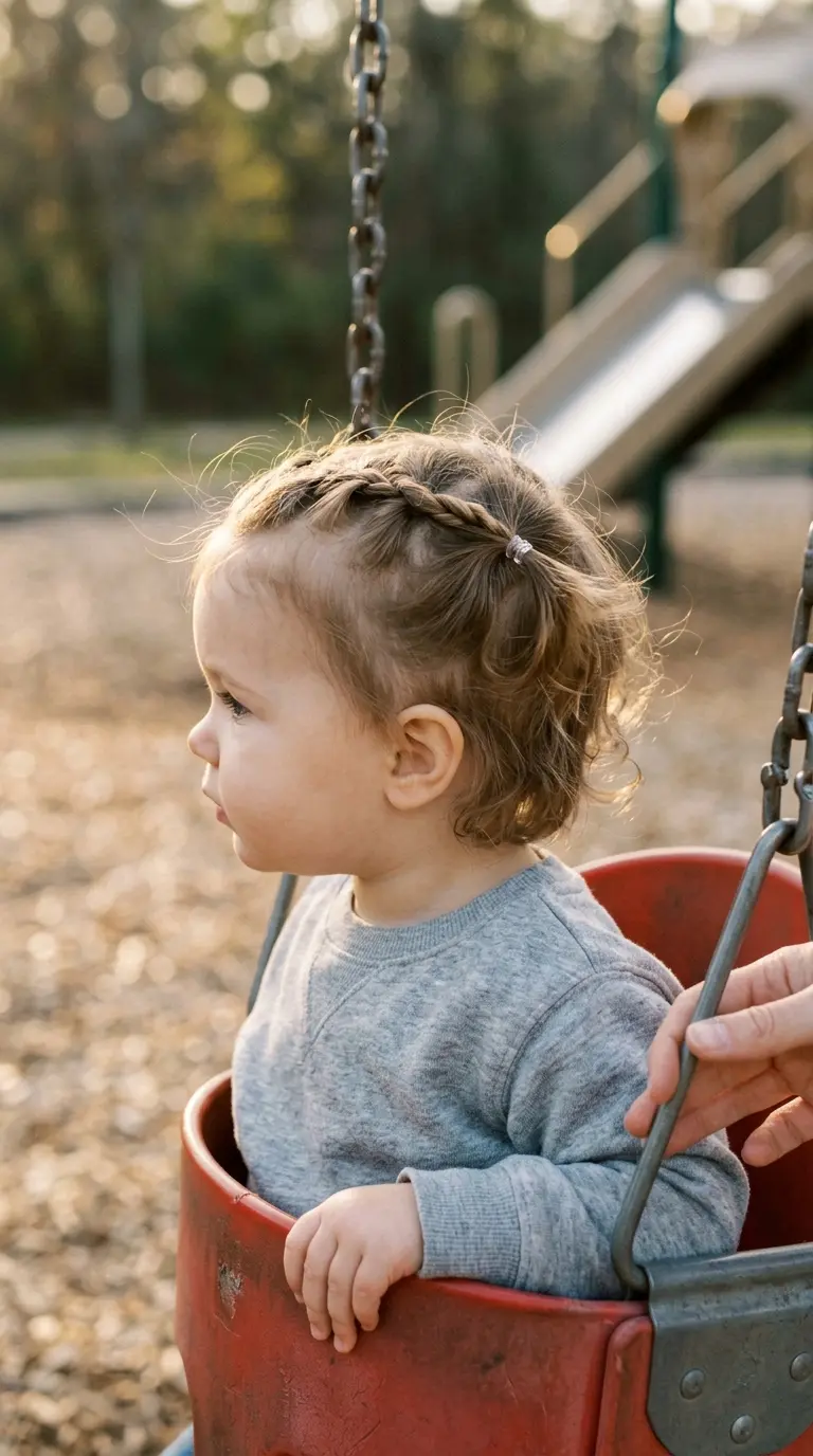 Side profile of a baby with two small rope twists in a playground swing