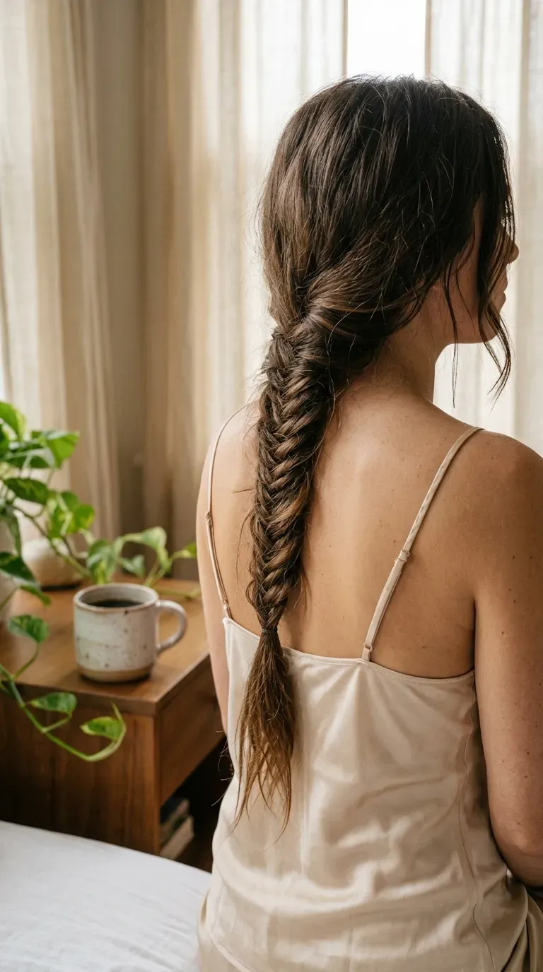 Two side fishtail braids merging into one long braid on a forest trail