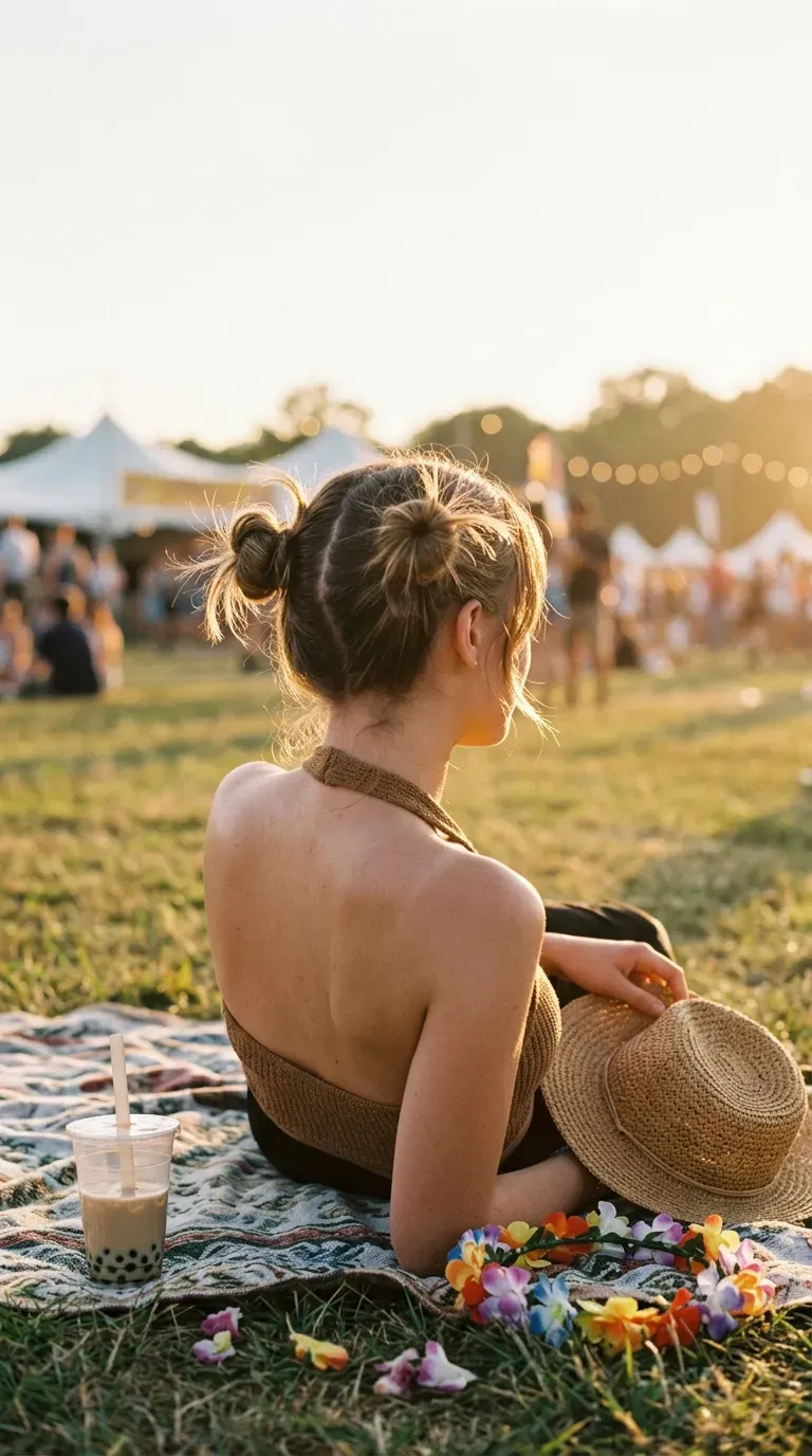 Three quarter back view of two space buns with loose flicked ends
