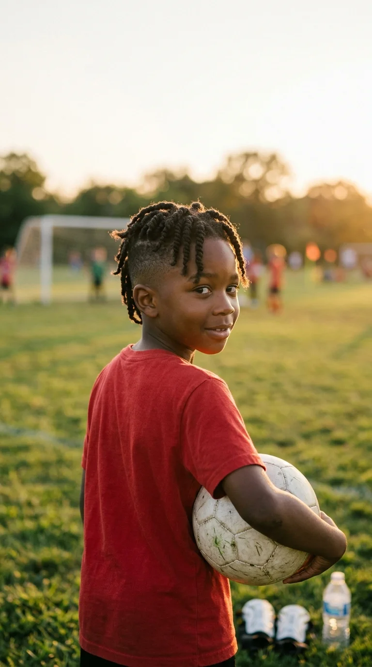 Over the shoulder view of a boy with a two strand twist frohawk and short sides