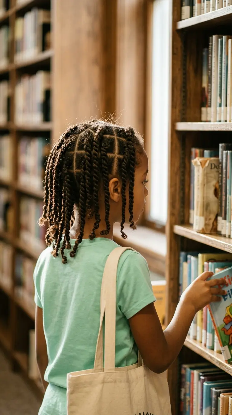 Two strand twist hairstyles for kids example, a girl with classic twists and square parts at a library