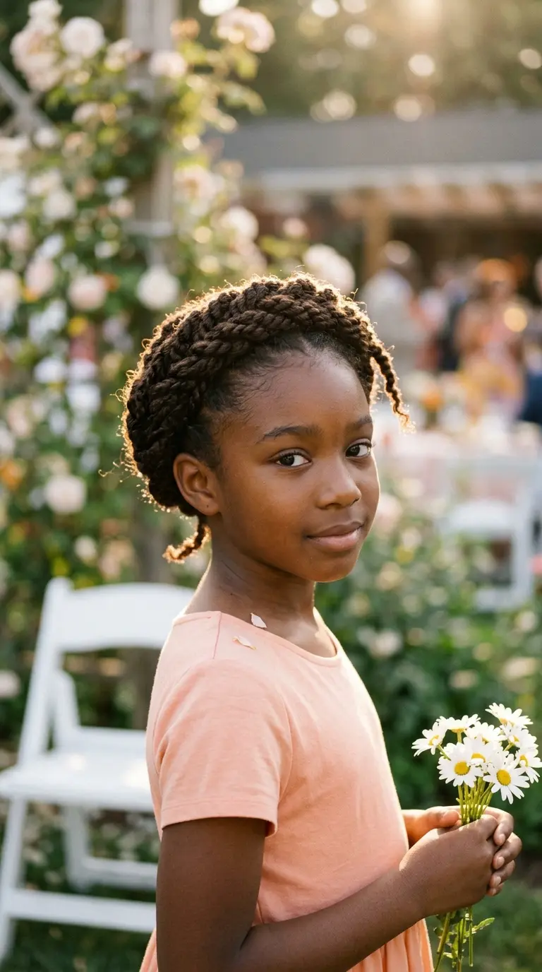 Three quarter front view of a girl with two strand twists pinned into a halo crown