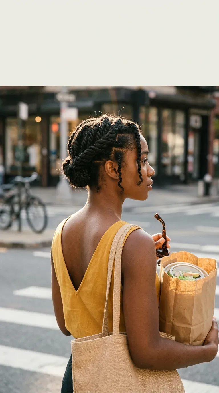 Three quarter back view of twists pinned into an updo on a city crosswalk