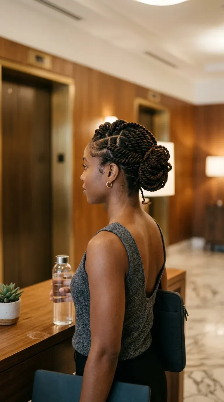 Three quarter view of two strand twist updo with tucked ends in lobby